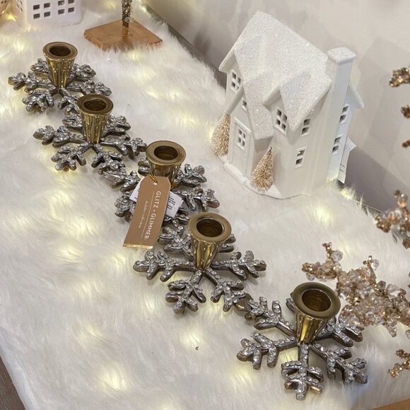 Holiday Gold Brass Metal 5 Taper Candelabra Centerpiece Snowflakes Rhinestone - Picture 9 of 9